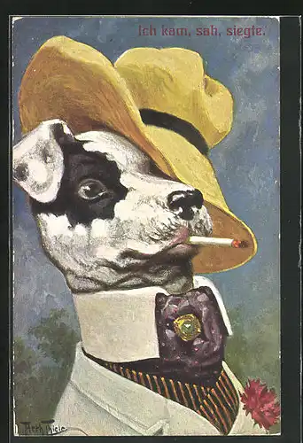 Künstler-AK Arthur Thiele: vermenschlichte Tiere, Hund mit Hut und Zigarette