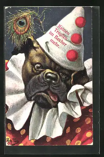 Künstler-AK Arthur Thiele: vermenschlichte Tiere, Hund im Clownskostüm