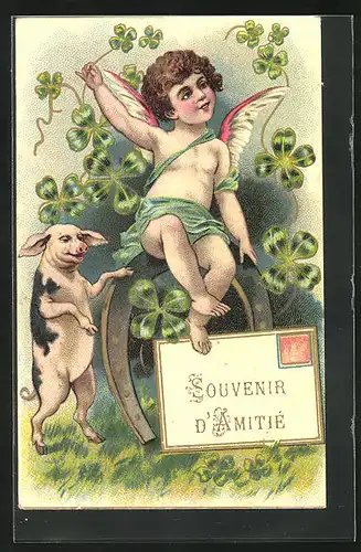 Lithographie Engel, auf einem Hufeisen mit einem Schwein und Kleeblättern