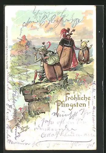 Präge-Lithographie Maikäfer, Käferfamilie auf einer Wanderung Blick ins Tal