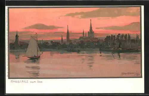 Künstler-AK Zeno Diemer: Konstanz, Stadtpanorama mit Segelschiff vom See gesehen