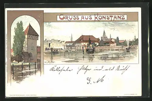 Künstler-AK Karl Mutter: Konstanz, Blick vom See auf die Stadt, der Turm mit Torbogen