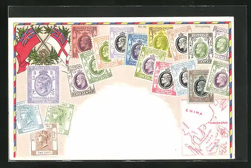 Präge-AK China, Briefmarken verschiedener Werte, Fahnen der ehemaligen britischen Kolonien, Landkarte