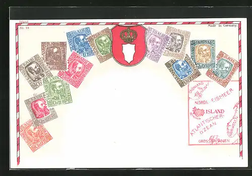 Präge-AK Island, Briefmarken verschiedener Werte, Landkarte der Insel, Wappen