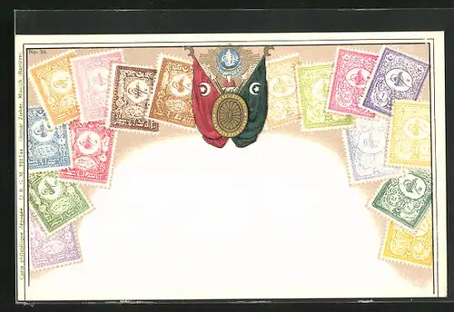 AK Türkei, Briefmarken verschiedener Werte, Landesfahne mit goldenen Halbmonden