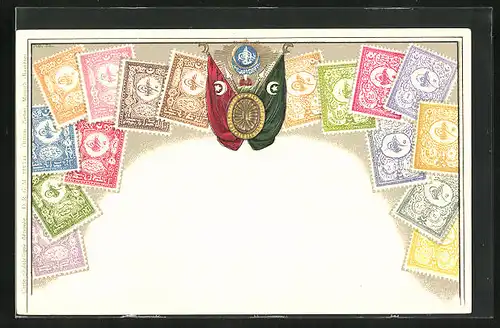 Präge-AK Türkei, Briefmarken verschiedener Werte, Landesfahne mit goldenen Halbmonden