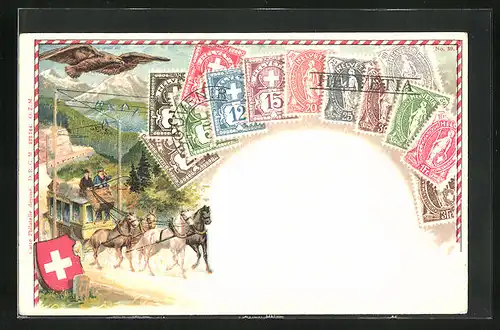 Präge-Lithographie Briefmarken mit verschiedenen Werten, Postkutsche und schweizer Wappen