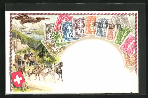 Präge-Lithographie Briefmarken mit verschiedenen Werten, Adler und Postkutsche