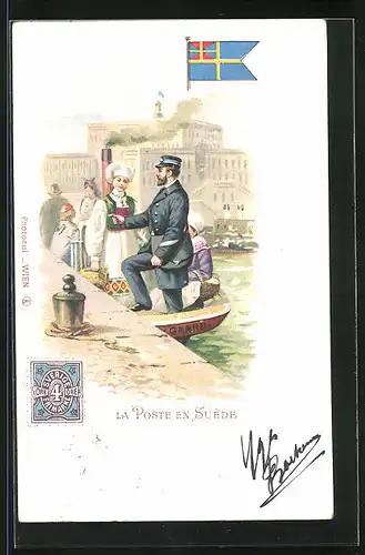 Lithographie Brief, Landesflagge, Schweden, Postbote und Frau in Trachten