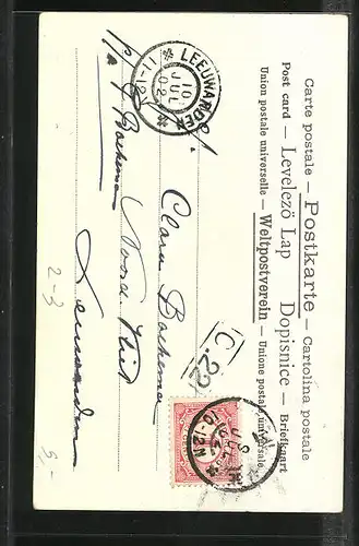 Lithographie Brief, Landesflagge, Schweden, Postbote und Frau in Trachten