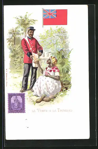 Lithographie Brief, Landesflagge, Trinidad, Frau in Landestracht mit Postboten