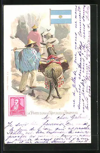 Lithographie Brief, Landesflagge, Argentinien, bepackte Esel mit den Postboten
