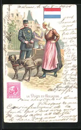 Lithographie Brief, Landesflagge, Niederlande, Postbote und Magd in Tracht mit Hunden