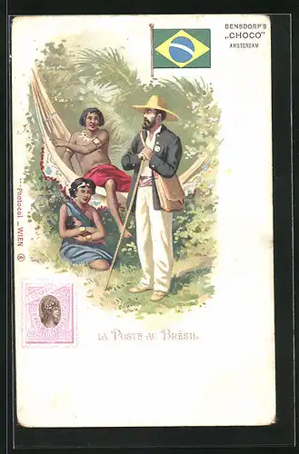 Lithographie Brief, Landesflagge, Brasilien, Postbote mit Eingeborenen in einer Hängematte