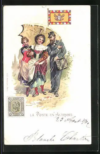 Lithographie Brief, Österreich, Postbote mit zwei Damen im Regen