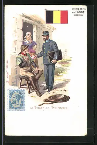 Lithographie Brief, Landesflagge, Belgien, Postbote liefert einen Brief aus