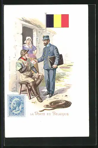 Lithographie Landesflagge, Belgien, Postbote übergibt einen Brief