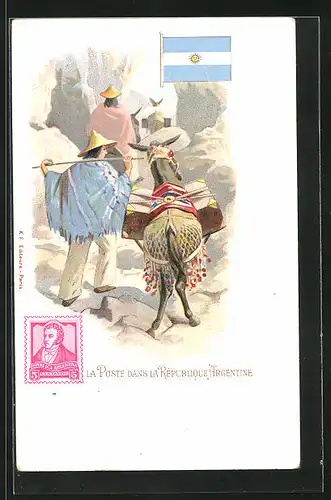 Lithographie Brief, Landesflagge, Argentinien, Postboten mit Eseln