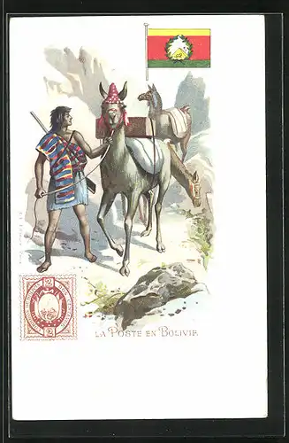 Lithographie Brief, Landesflagge, Bolivien, Postbote in Tracht mit seinen Lamas