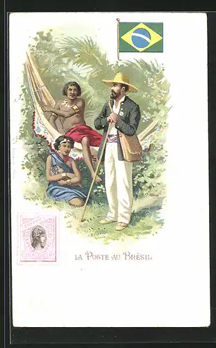 Lithographie Brief, Landesflagge, Brasilien, Eingeborene und Postbote