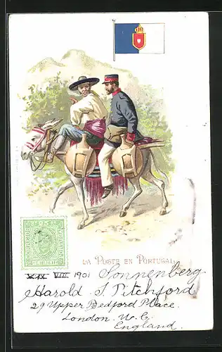 Lithographie Brief, Landesflagge, Portugal, Bostbote auf seinem Esel
