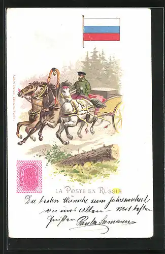 Lithographie Brief, Landesflagge, Russland, Postbote auf seiner Kutsche unterwegs
