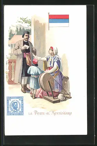 Lithographie Brief, Landesflagge, Montenegro, Postbote mit Frau in Trachten