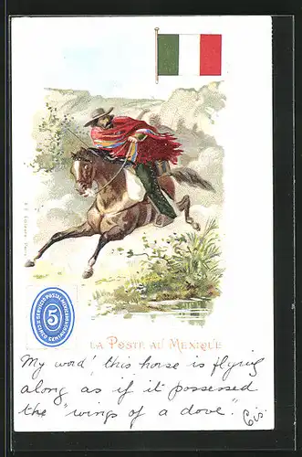 Lithographie Brief, Landesflagge, Mexiko, Postreite auf einem Pferd