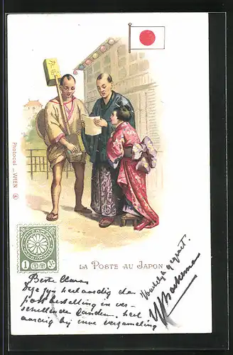 Lithographie Brief, Landesflagge, Japan, Postbote und ein Paar in Landestrachten