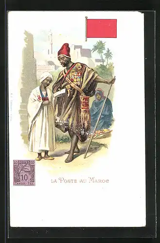Lithographie Brief, Landesflagge, Marokko, Postbote in landestypischer Tracht