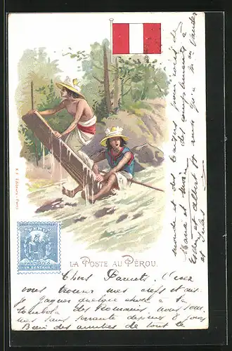 Lithographie Brief, Landesflagge, Peru, der Postbote auf dem Fluss unterwegs