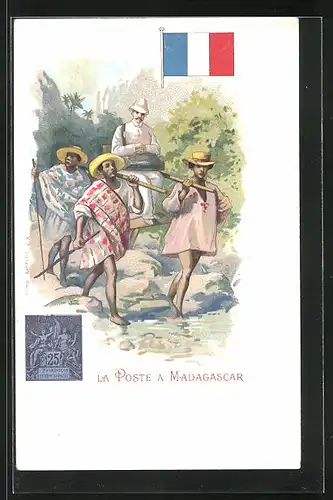 Lithographie Brief, Landesflagge, Madagaskar, Postbote wird von Eingeborenen getragen