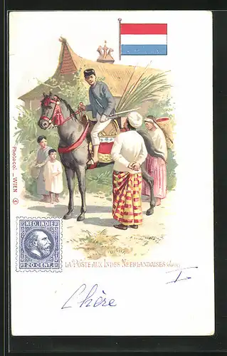 Lithographie Brief, Landesflagge, Indien, Niederlande, Postbote auf einem Pferd mit Eingeborenen in Trachten