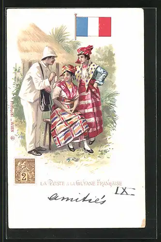 Lithographie Brief, Landesflagge, Guyane Francaise, Postbote mit Frauen in Trachten