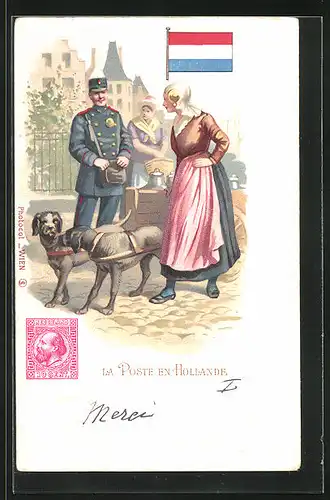 Lithographie Brief, Landesflagge, Niederlande, Postbote, Frau mit Kutsche und Hunden