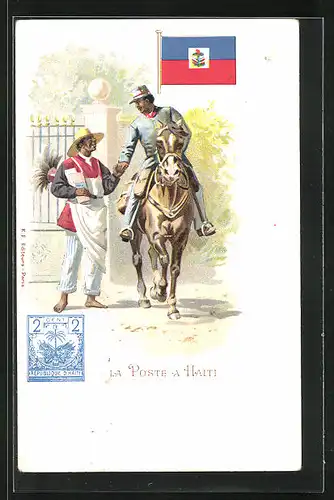 Lithographie Brief, Landesflagge, Haiti, Postbote auf einem Pferd