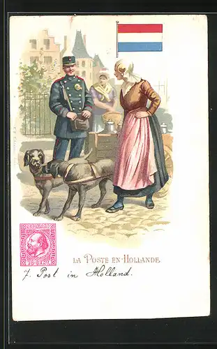 Lithographie Brief, Landesflagge, Niederlande, Frau in Tracht mit Postboten, Hunde vor einen Wagen gespannt