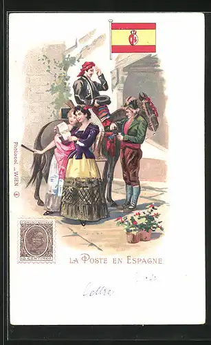 Lithographie Brief, Landesflagge, Spanien, Postreiter zu Pferd, Frauen in Trachten