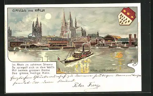 AK Köln, Totalansicht vom Rhein aus dem Dom, Ausflugsdampfer, Wappen