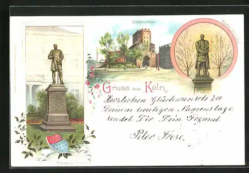 Lithographie Köln, Blick zum Severintor, Bismarck-Denkmal mit Wappen, Moltke-Denkmal