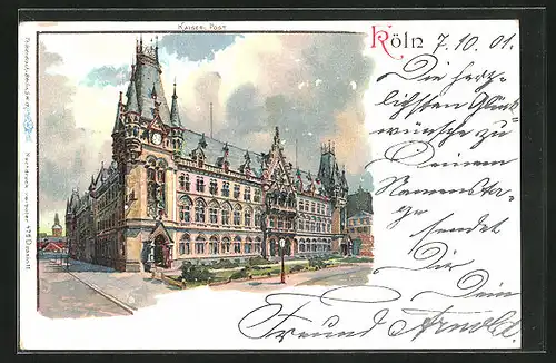 Lithographie Köln, Platzpartie vor der kaiserlichen Post