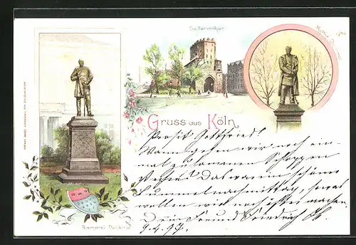 Lithographie Köln, Passanten vor dem Severinthor, am Bismarck-Denkmal, das Moltke-Denkmal