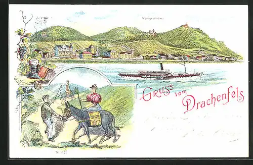 Lithographie Königswinter, Ausflugsdampfer auf dem Rhein, Blick zum Drachenfels