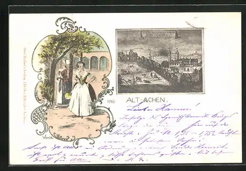 AK Aachen, historische Ansicht der Stadt, Frauen in Trachten um 1767