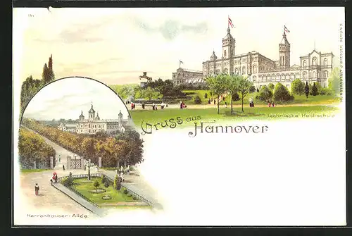 Lithographie Hannover, die technische Hochschule, Blick in die Herrenhauser Allee