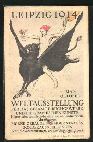 Künstler-AK Leipzig, Weltausstellung f. d. gesamt Buchgewerbe d. graphischen Künste 1914, Jüngling auf Greif