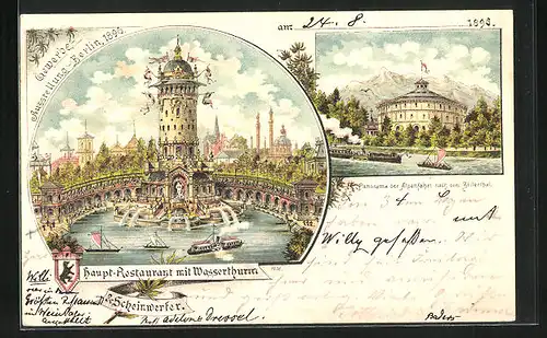 Lithographie Berlin, Gewerbe-Ausstellung 1896, Hauptrestaurant mit Wasserturm, Panorama der Alpenfahrt