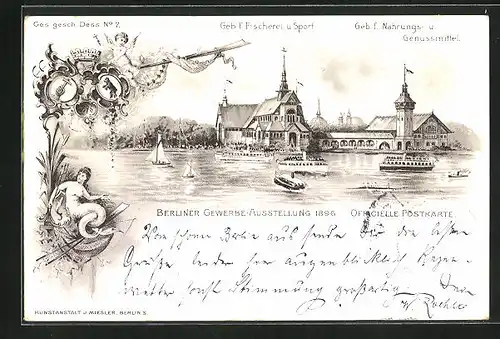 Lithographie Berlin, Gewerbe-Ausstellung 1896, Geb. f. Fischerei & Sport, Geb. f. Nahrungs- & Genussmittel