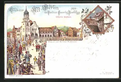 Lithographie Berlin, Gewerbe-Ausstellung 1896, Platz vor dem Berliner Rathaus