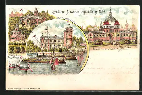 Lithographie Berlin, Gewerbe-Ausstellung 1896, Gartenbau-Ausstellung, Pavillon der Stadt Berlin, Marine-Schauspiel